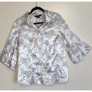 Style & Co Satin Blouse Top 16W Embroidered Black White Flared 3/4 Sleeves